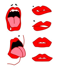 Set of sexy lips, open mouth with tongu, expressing different emotions. Vector isolated on white background 