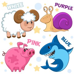Set of different colors with animals for children. For education. Pictures of white ram, blue shark, purple snail, pig pink.