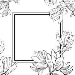 Frame with magnolia flowers in contour style. Hand drawing illustration. Vector