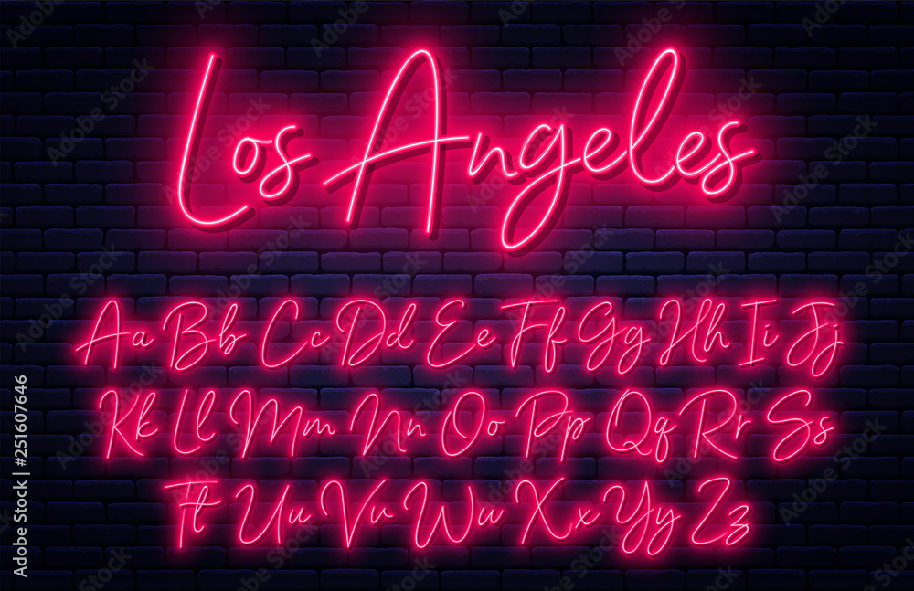 Poster glowing neon script alphabet. neon font with uppercase and lowercase letters. handwritten english al
