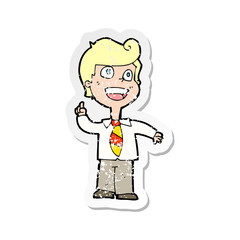 retro distressed sticker of a cartoon school boy raising hand