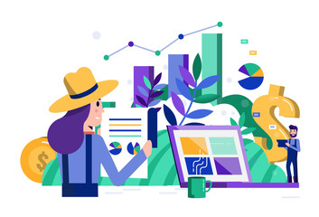 Smart farmers analytic data and financial on laptop. Modern agriculture concept. Flat design elements. Vector illustration