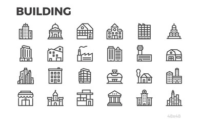 Building icons. City, house, home, architecture, office, real estate and others symbols. Editable line. Pixel perfect.