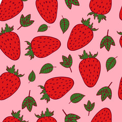 Handdrawn seamless pattern with strawberry on pink background