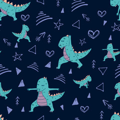 Handdrawn pattern with dinosaur in yoga asana