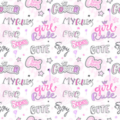 Fashion abstract seamless pattern with handwritten lettering, grunge splashes, spots. Girlish print for clothes, textiles, wrapping paper, Typography slogan.