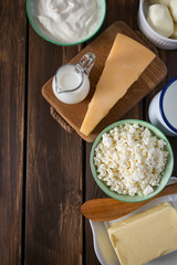 dairy products on wooden surface