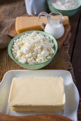dairy products on wooden surface