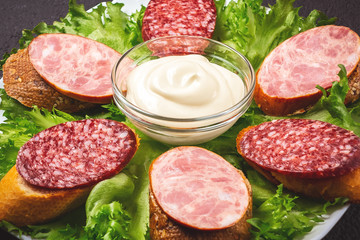 Several sandwiches with sausage and salami and sauce on a plate, close up