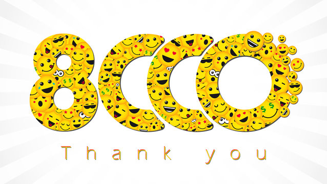 Thank you 8 000 followers logotype. Congratulating bright 8.000 networking thanks, net friends yellow symbol, 8000k sign with people faces. Isolated smiling numbers. Abstract graphic design template.