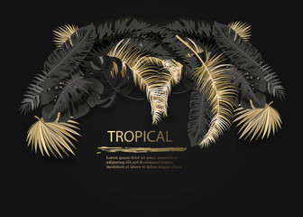Vector arrangement with black and gold tropical leaves on dark background. Luxury exotic botanical design for cosmetics, spa, perfume, aroma, beauty salon.