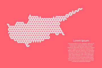 Cyprus map abstract schematic from white  triangles repeating pattern geometric on pink coral color  background with nodes for banner, poster, greeting card. Vector illustration.