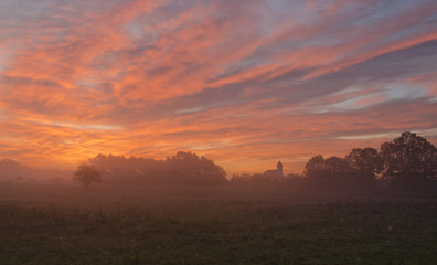 Red sky landscape, sunrise, autumn, Italy