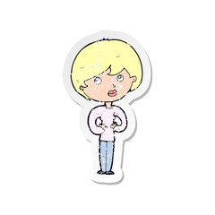 retro distressed sticker of a cartoon woman making Who Me gesture