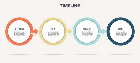 Business infographics. Timeline with 4 steps, options, circles. Vector template.