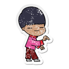 distressed sticker of a cartoon smug boy