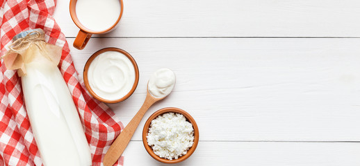 Dairy products composition, top view, copy space