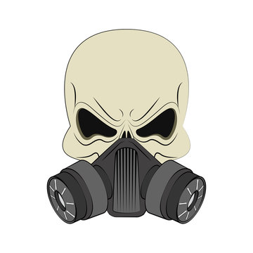 Angry human skull in respirator. Design element for logo, label, emblem, t-shirt or tattoo design. Vector illustration in cartoon style on background.