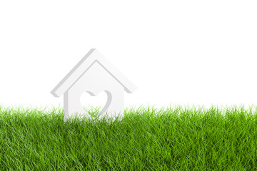 House Model Icon with Heart Shape on Green Grass Field