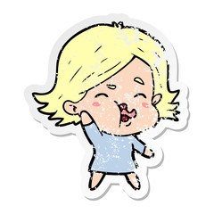 distressed sticker of a cartoon girl pulling face