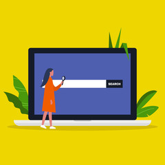 Search conceptual illustration. Young female character looking through the magnifying glass. Laptop / flat editable vector illustration