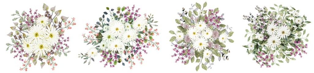 Set of floral arrangements of daisies, wild flowers and decorative leaves. Watercolor drawing for greeting cards.
