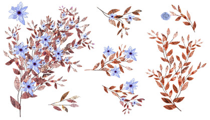 Blue flowers, beige leaves.  The Botanical Collection. Watercolor.  Set: flower arrangements, herbs, leaves, wreath, twigs, flowers, elements.