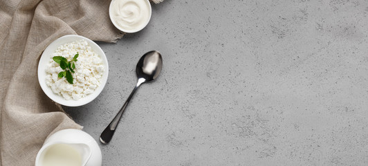 Dairy products composition , top view, copy space