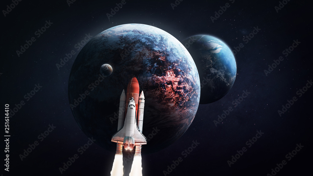 Aufkleber Earth, Moon and other planet with atmosphere in deep space. Space shuttle rocket. Elements of this image furnished by NASA
