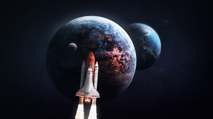 Earth, Moon and other planet with atmosphere in deep space. Space shuttle rocket. Elements of this image furnished by NASA