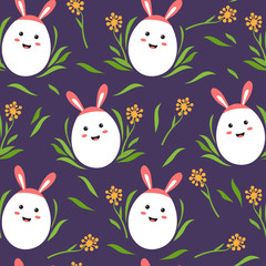 Seamless pattern happy egg in style kawaii  with grass and flower for Happy Easter day. Vector illustration
