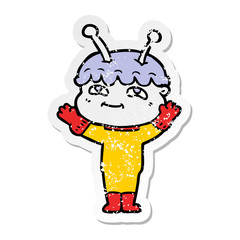 distressed sticker of a friendly cartoon spaceman waving