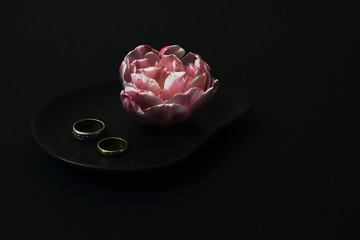 Gold wedding rings and delicate bud of pink terry tulip on black ceramic plate of exclusive form against dark background. Play of light and shadow. Concept for day of lovers, wedding day.