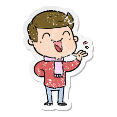 distressed sticker of a cartoon man laughing