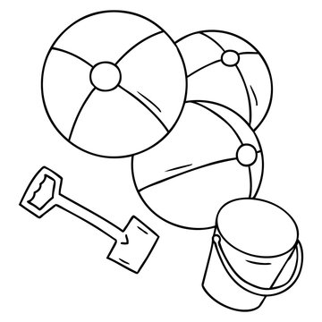 line drawing doodle beach balls with a bucket and spade