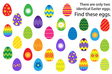 Find 2 identical decoration easter egg, fun education puzzle game for children, preschool worksheet activity for kids, task for the development of logical thinking and mind, vector illustration