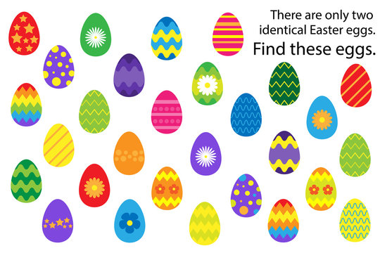 Find 2 identical decoration easter egg, fun education puzzle game for children, preschool worksheet activity for kids, task for the development of logical thinking and mind, vector illustration