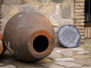 Qvevri (kvevri), a large earthenware vessel originally from Georgia, Caucasus, used for the...