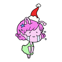 line drawing of a crying alien girl wearing santa hat