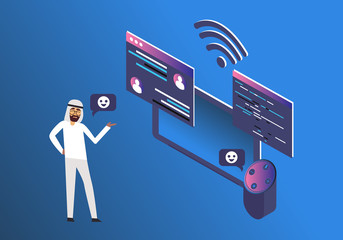 Cartoon picture of character arabian man is talking in application with Smart speaker, Voice assistant, home automation hub concept in 3D, isometric style. Vector illustration. EPS 10.