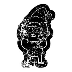 cartoon distressed icon of a tired bald man wearing santa hat