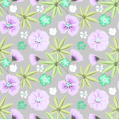 Fototapeta na wymiar Seamless retro floral pattern.Lilac flowers on a light gray background.