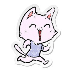 distressed sticker of a happy cartoon cat