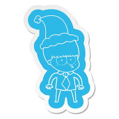 nervous cartoon  sticker of a boy wearing shirt and tie wearing santa hat