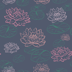 Trendy floral background with lotus flower and green leaves in hand drawn style. Blooming botanical motifs scattered random. Vector seamless pattern of lily, waterlily on dark. hand drawing