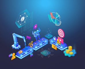 Automated marketing and SEO content isometric concept, vector illustration	