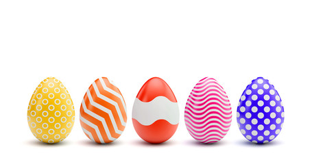 A line of easter eggs with colourful decorated patterns