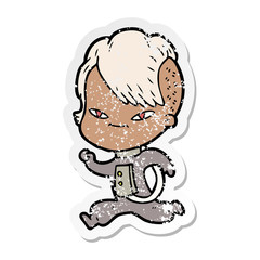 distressed sticker of a cute cartoon girl with hipster haircut