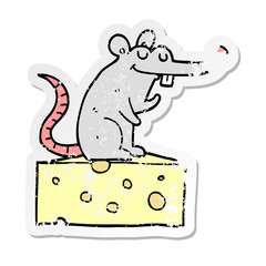 distressed sticker of a cartoon mouse sitting on cheese