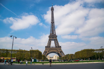 Fototapeta na wymiar PARIS, FRANCE - 02 OCTOBER 2018: Eiffel tower, symbol of Paris , captured from champs de Mars
